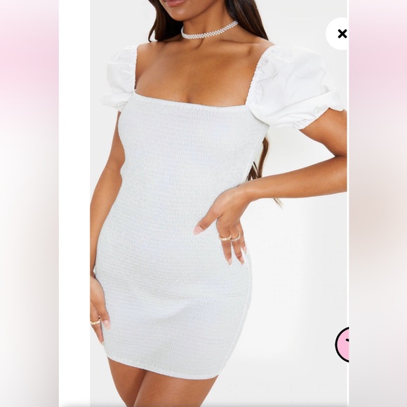 Pretty Little Thing WHITE SQUARE NECK PUFF SLEEVE SMOCK DRESS Size 6 Fits 8 - Picture 2 of 7